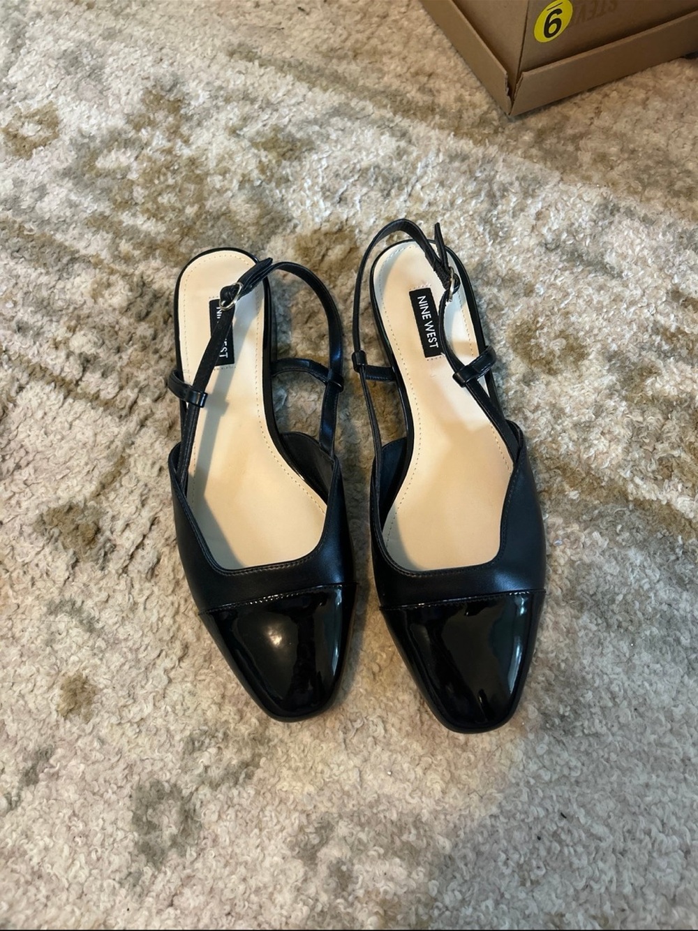 Nine West Black Slingback Pointed-Toe Flats with Patent Cap